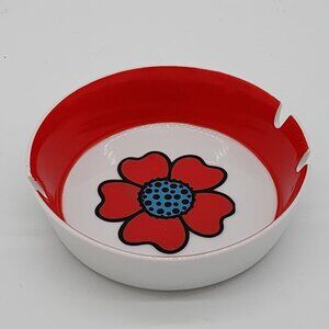 Retro Milk Glass Ashtray Red & White Poppy Floral 4.5" Diameter 1" High